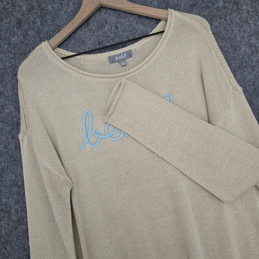 Marled Reunited Sweater Womens XL Beige Beach Spellout Open Knit Scoop Pullover - Picture 3 of 9